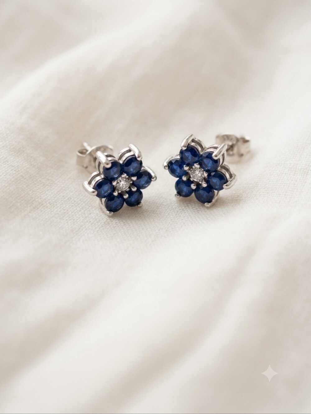 Classic Blue Sapphire Flower Stud Earrings - Silver